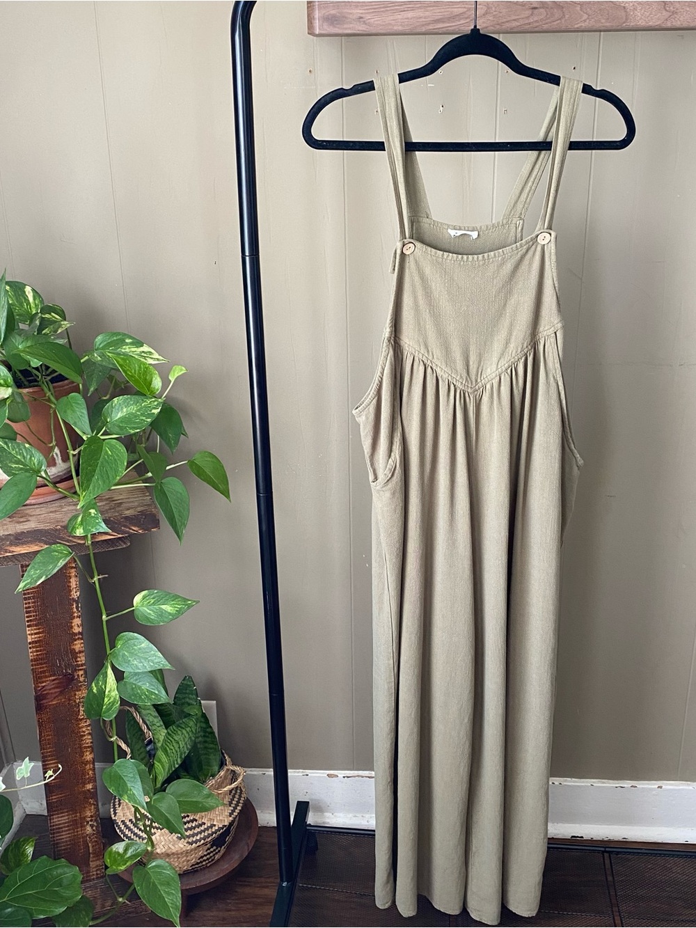 Kori earthy green wide leg overalls with pockets